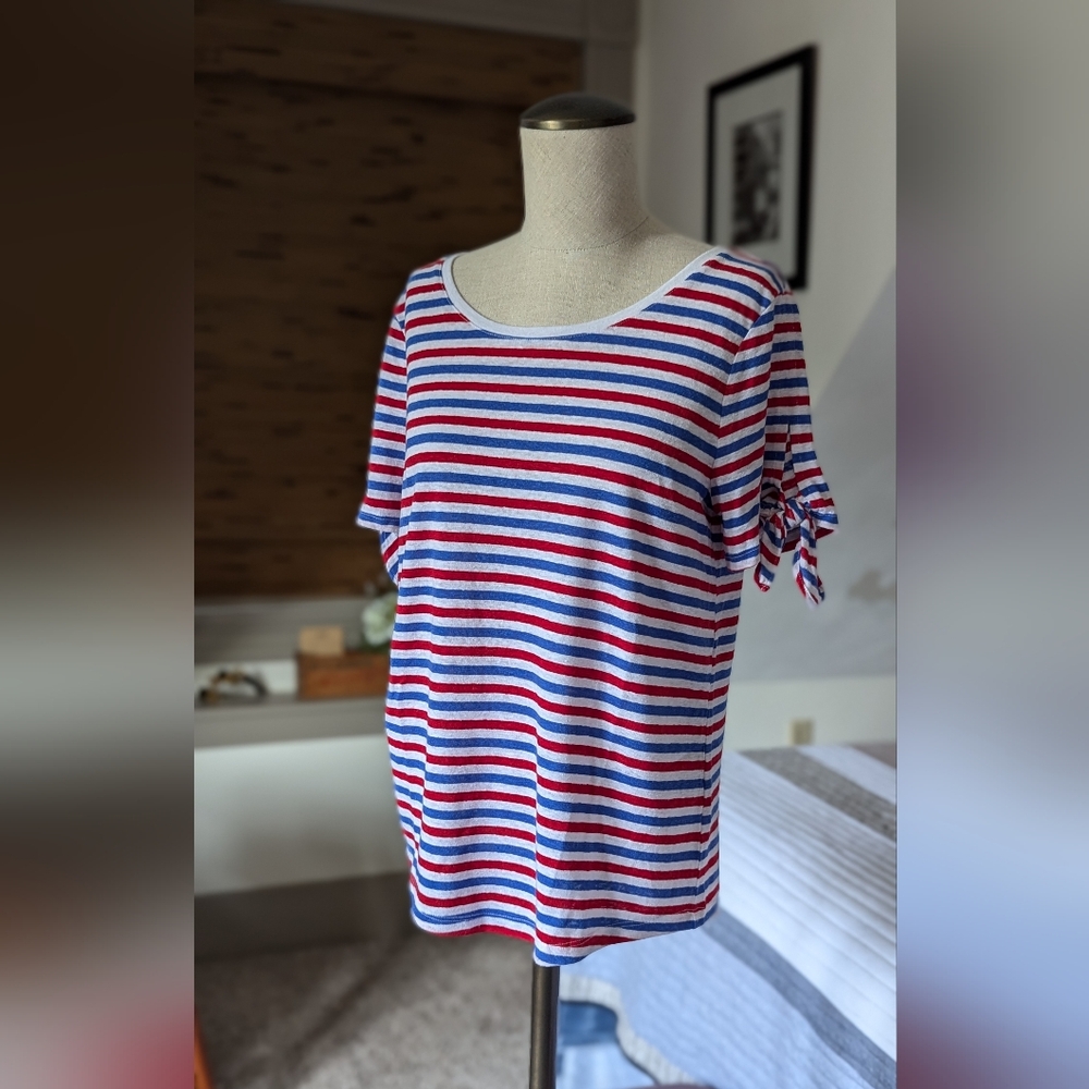 Talbots Short Sleeve Linen/Cotton blend Tee Size Small Red White Blue
